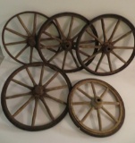 5 Wooden spoke wheels, 10