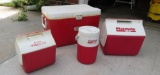 Five coolers, Coleman, Playmate, and Thermos