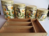 Four orange motif canister set with silverware box