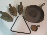 Cast iron lot with three flat irons, skillets and diner triangle