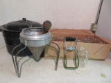 Canning lot with dozen pint jars, kettle and vintage sieve