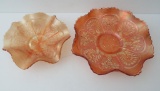 Two Peacock carnival glass dishes, marigold, 9