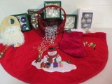 Christmas snowman tree skirt, Santa door hanger, beaded garland and boxed ornaments
