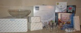 Glass and metal hostess and entertaining lot, serving dishes, and candle holders