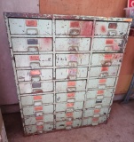 27 drawer metal storage cabinet, green distress painted
