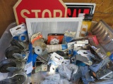 Hardware lot with castor wheel set, stop sign, hinges, braces, and more