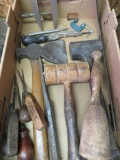 Misc hand tool lot, mallets, ax, clamps and awls