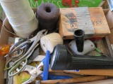 Household tool lot, angle driver, rechargeable flashlight, string, stencils, small hand tools