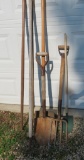 Long handle garden tools, rakes, fork, shovels and hoes