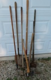 Long handle garden tools, pick ax, ax, hoe, shovel and fork