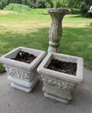 Two cement planters and bird bath pedestal