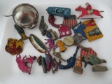 Cracker jack type toys, Boy Scout tin badge and bike bell