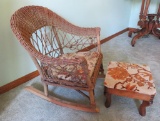 Wicker doll rocker and upholstered footstool