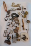 Assorted jewelry lot, enamel rabbit pin, rings and fob