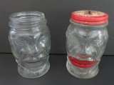 Two glass Lucky Joe still banks, Mustard jars