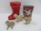 Vintage Christmas lot, cotton sheep ornaments, boot candy container, tin