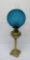 Brass banquet lamp with blue drapery globe, 29
