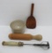 Vintage kitchen items, beater, wooden paddle and beater butter crock