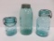 Three blue canning jars,