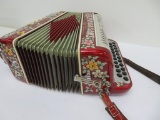 C Petosa & Sons button accordion, red, ornate floral and jewel decorated, 12