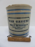 Blue banded stoneware cheese crock, Bar Cheese, John Neumeister Co Chicago, 6