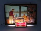 Budweiser light up sign, working, decoy cabin scene, 19 1/2