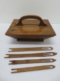 Lovely wooden sewing box and four wooden stick shuttles