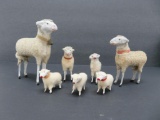 Seven cotton spun vintage sheep figures, 1 1/2
