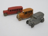 Three metal cars and bus, Tootsie toy and slush metal, 3