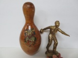 Vintage bowling trophies, maple bowling pin and c 1950's bowling top, male