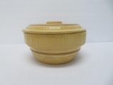 Stoneware covered casserole, brown and creme banded