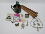 Assorted vintage costume jewelry, spools and shaving items