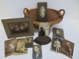 Group of black and white photos, basket and sad iron