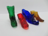 Four colored glass shoes, slipper and boot, 6