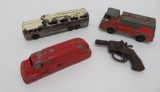 Three metal toys and cap gun, 5