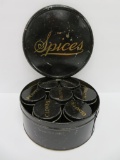 Tin spice container, seven individual spice tins and master container
