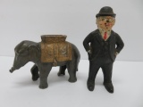 Two vintage banks, elephant and business man with derby hat, 3 1/2