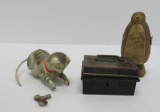 Vintage toy lot, wind up cat, metal penny bank and wooden penguin ramp walker