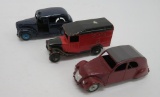 Three Dinky toy cars and delivery truck, 3