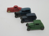 Four metal toy cars, Tootsie and Slush metal, 2 1/2