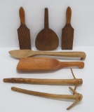 7 Primitive wooden utensils, two twig beaters