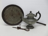 Early metal Americana, Tea pot, primitive candle holder and strainer