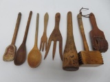 Wooden utensils, spoon, mallet, cookie press and forks