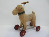 Steiff style ride on toy terrier toy, wheeled, 18
