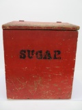 Wooden lift top sugar box, stenciled, red, 18