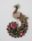 Large pink and green rhinestone costume jewelry peacock pin brooch, 4 1/2