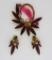 Watermelon, amethyst and garnet colored stone brooch and earring set, unusual piece