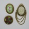 Two art design pins and glass cameo pin