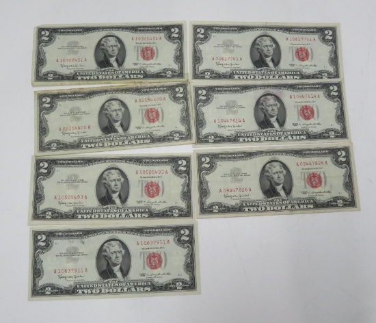 Seven Two dollar bills, series 1963, red seal