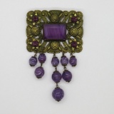 Metal filigree and dangle amethyst colored and purple slag glass beaded brooch pin, 2 1/2